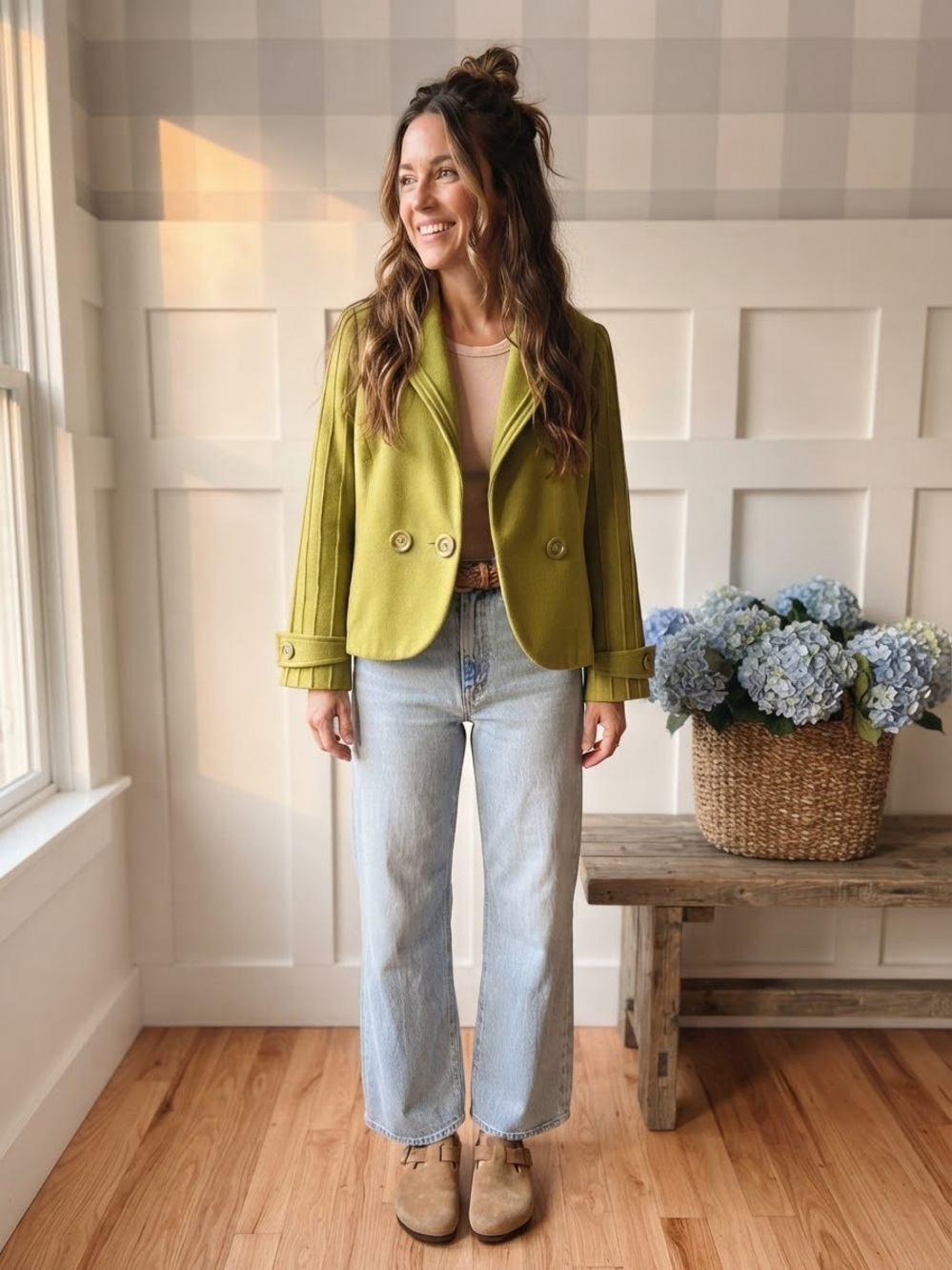 Women’s Cropped Pea Coat in Olive Green - Double-Breasted Tailored Jacket